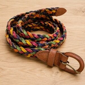 Vtg. Braided Leather Belt Womens Size M/L Rainbow Colorful Woven Retro 80s Boho